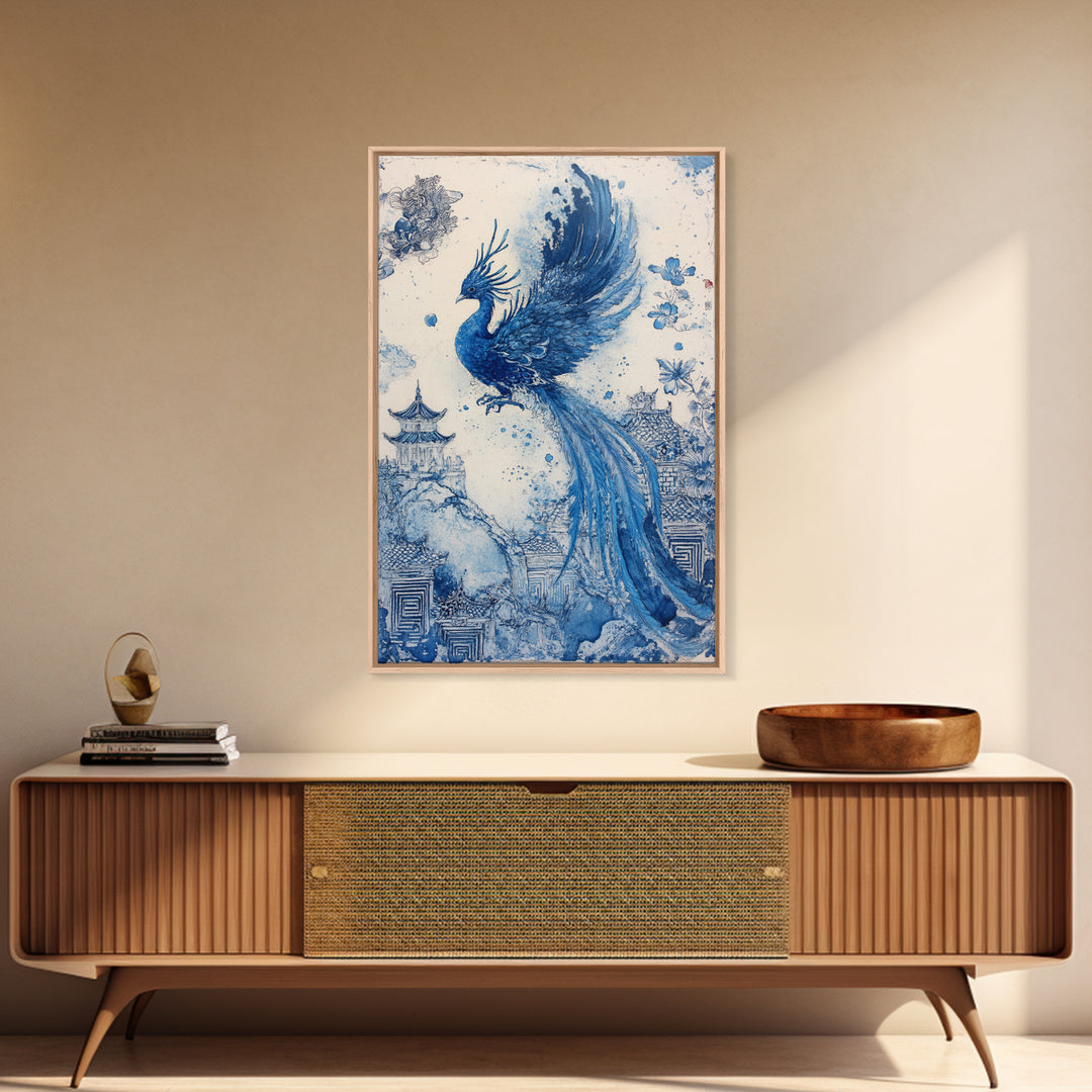 Chinoiserie Phoenix Wall Art, Framed Canvas Print, Chinoiserie Painting, Unique Phoenix Home Decor, Unique Painting, Trendy Decor