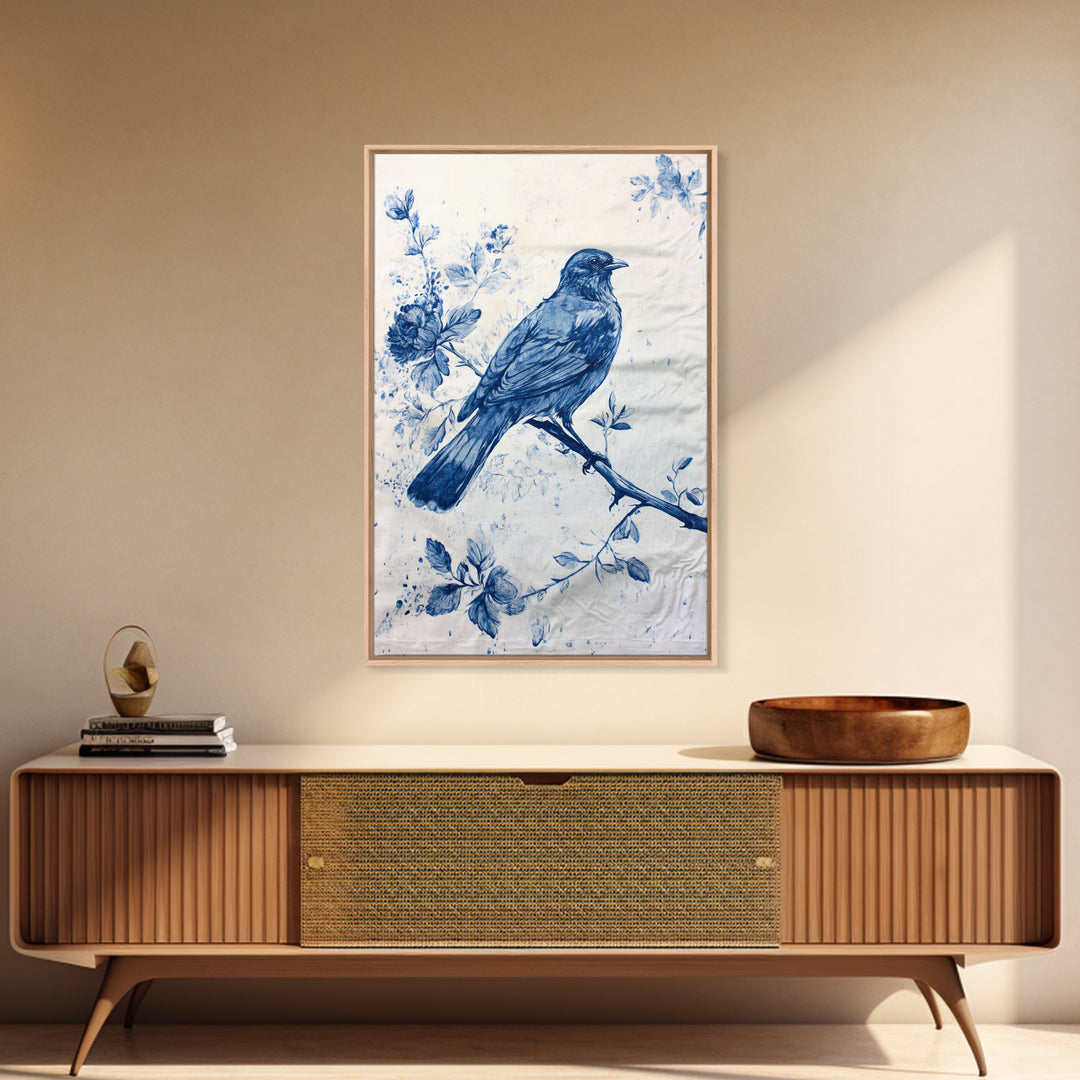 Chinoiserie Style Painting Print Of a Bird, Framed Canvas Print, Chinoiserie Wall Art