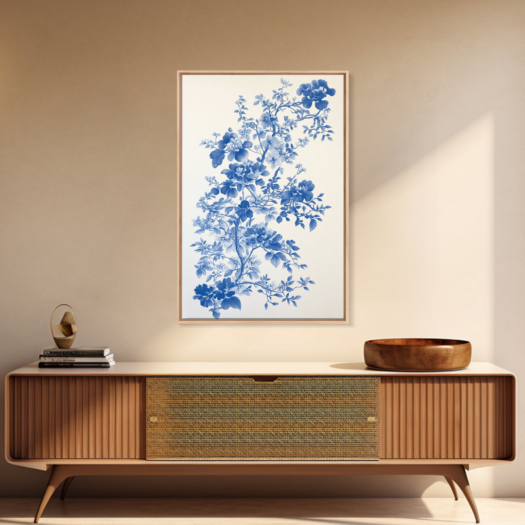Blue Floral Print, Chinoiserie Wall Art, Framed Canvas, Canvas Art Home Decor, Chinoiserie Style Painting