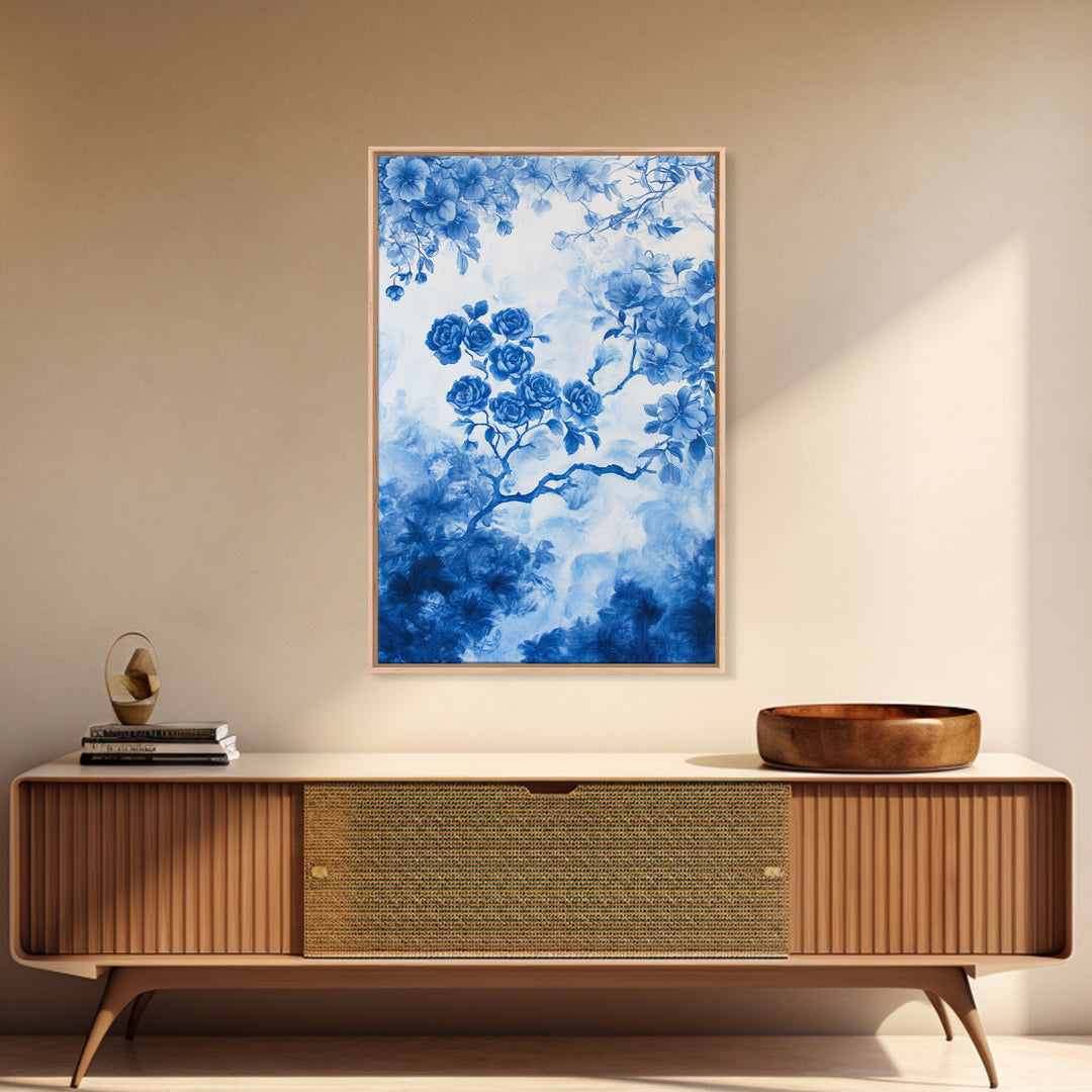 Blue Roses Chinoiserie Style Painting Print, Living Room Decor, Chinoiserie Wall Art, Chinoiserie Decor, Living Room Wall Art