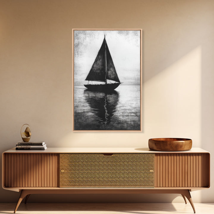 Charcoal Sketch of a Sailboat, Framed Canvas Print, Sailboat Painting, Minimalist Home Decor, Nautical Decor, Black and White Sailboat Art