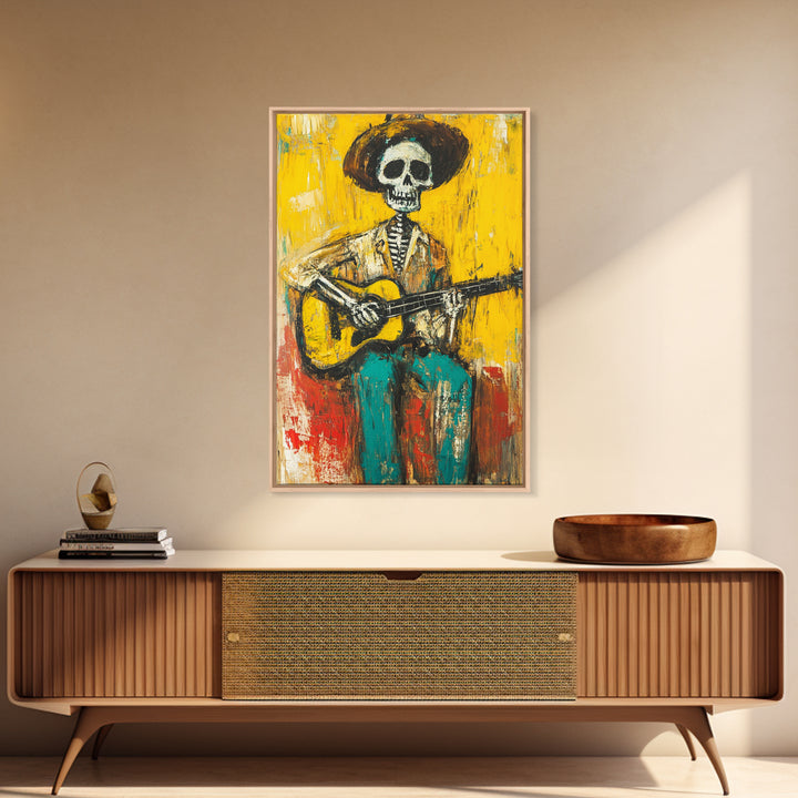 Chicano Canvas Print Of a Cowboy Skeleton Guitarist, Mexicano Art, Chicano Art, Original Artwork, Vaquero Art