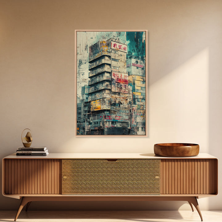 Cyberpunk Style Retro-Futurism Wall Art, Framed Canvas Print, Cyber Punk Home Decor, Cityscape Art