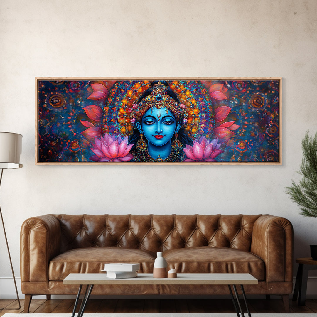 Krishna Painting Print, Ready To Hang Canvas Wall Art, Radha Krishna Art, Panoramic Art, Extra Wide Horizontal Art, Hinduism Wall Art