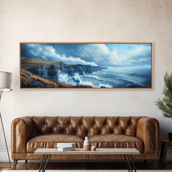 Cliffs of Moher Framed Canvas Print, Ready To Hang Ireland Painting, Irish Art, Ireland Wall Art, Horizontal Extra Large Wall Art