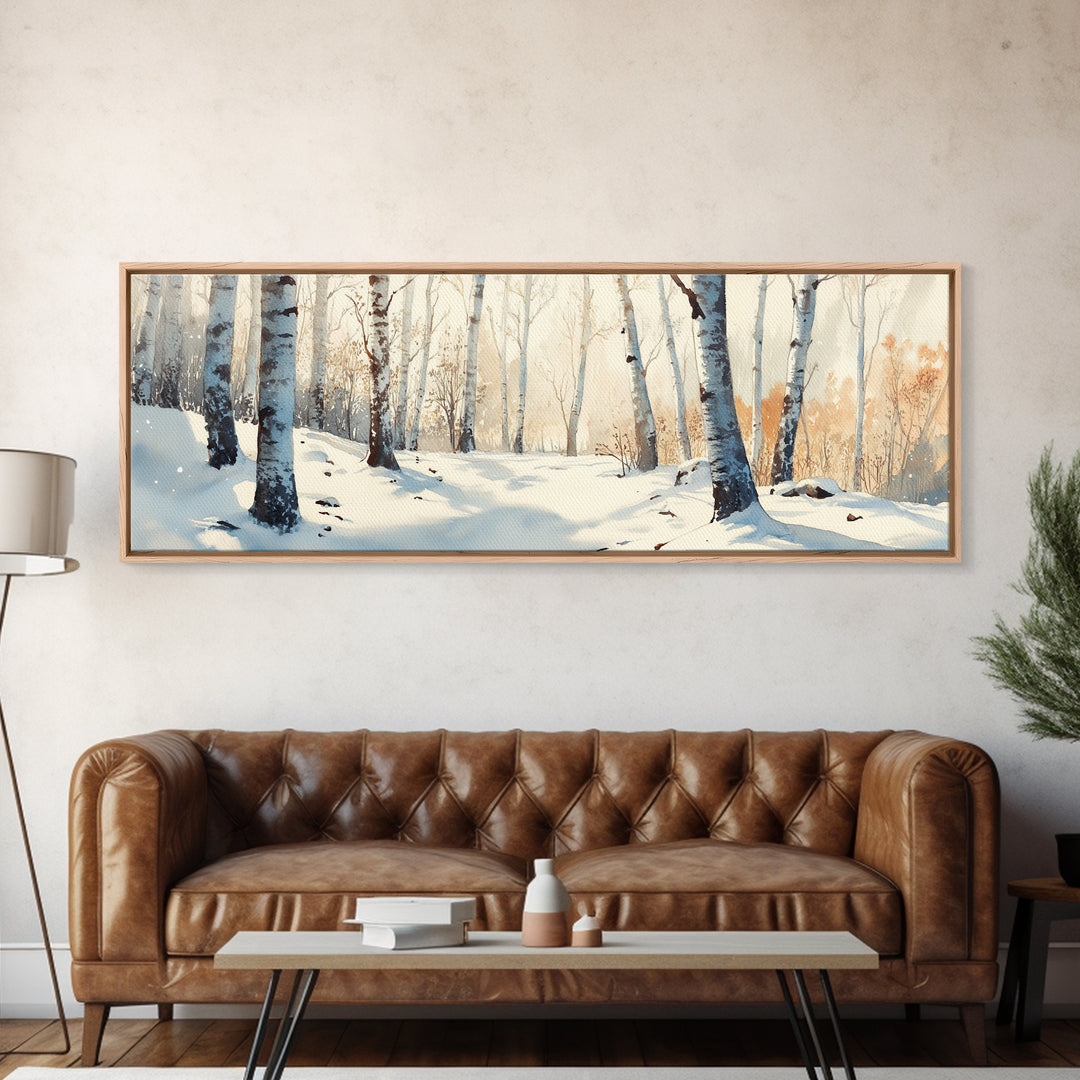 Birch Tree Forest In The Snow Covered Winter Framed Canvas Print, Panoramic Wall Art, Original Birch Tree Art, Birch Tree Painting, Horizontal Art