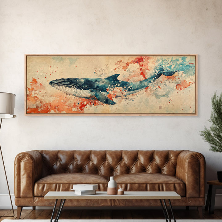 Panoramic Whale Painting Print | Wabi Sabi Home Decor | Japanese Style Art | Modern Living Room Art | Above Sofa Decor | Whale Wall Art