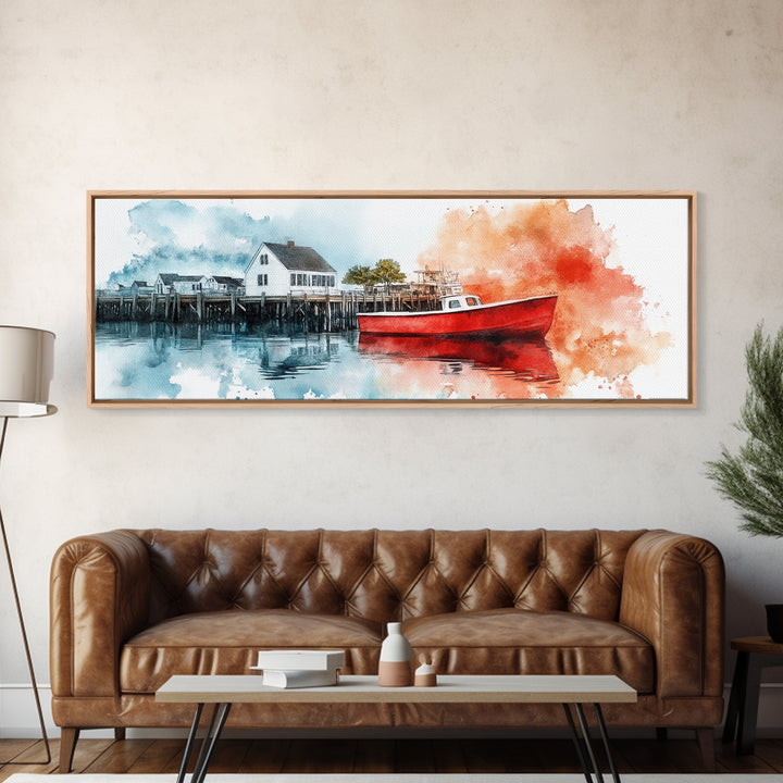 Panoramic Nautical Seacape Painting, Framed Canvas Print - Nantucket Wall Art - Beach House Art - Painting of Nantucket