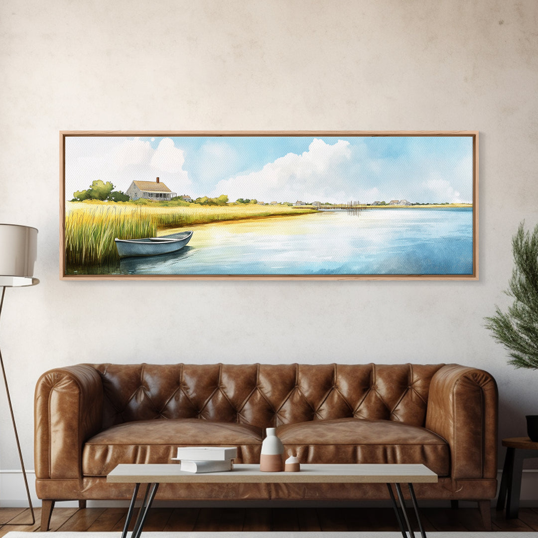 Beautiful Sescape Landscape Painting Print - Panoramic Wall Art - Nautical Landscape Painting, Beach House Art, Lake House Art