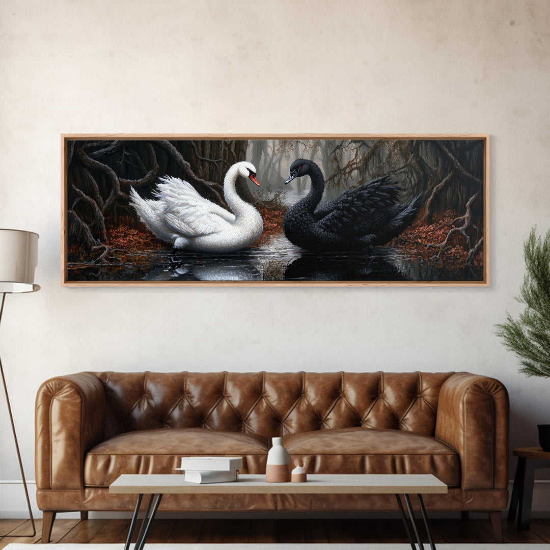 Black and White Swan Form  A Heart, Framed Canvas Print, Swan Painting, Black Swan Art, Dark Romance, Panoramic Art, Gothic Art