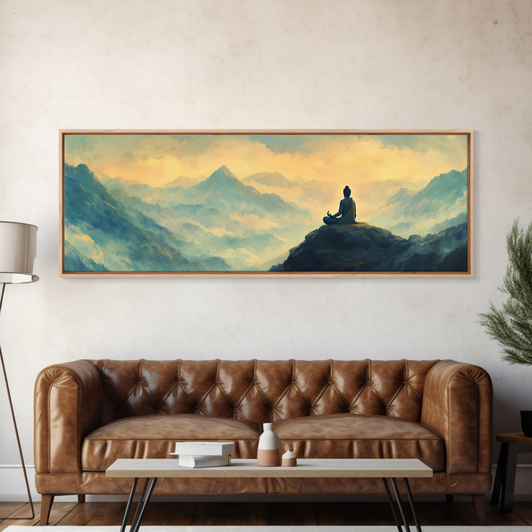 Buddha Meditating On The Mountain Framed Canvas Print, Zen Wall Art, Meditation Room Decor, Yoga Studio Decor, Panoramic Buddha Painting