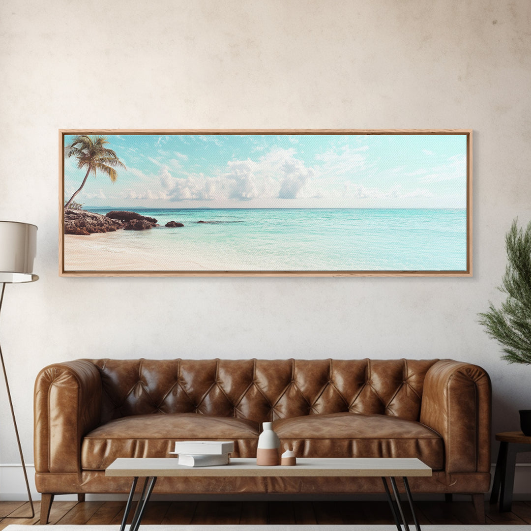 Panoramic Beach Photography Style Canvas Print, Beach House Wall Art, Beach Painting Print, Nautical Decor, Seascape Painting, Boho Art