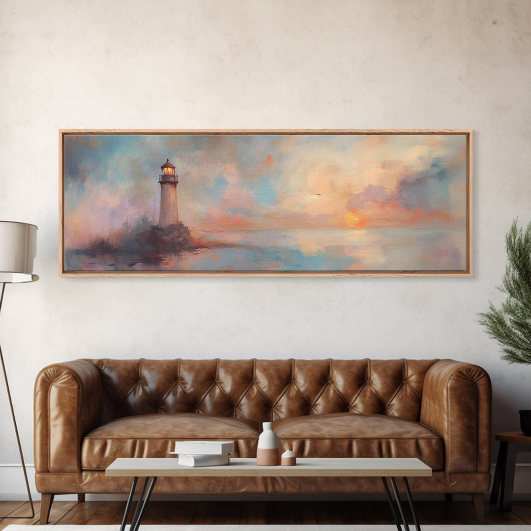 Nautical Home Decor, Whimsical Lighthouse Panoramic Painting Canvas Print, Seascape Painting, Light House Wall Art, Lighthouse Print