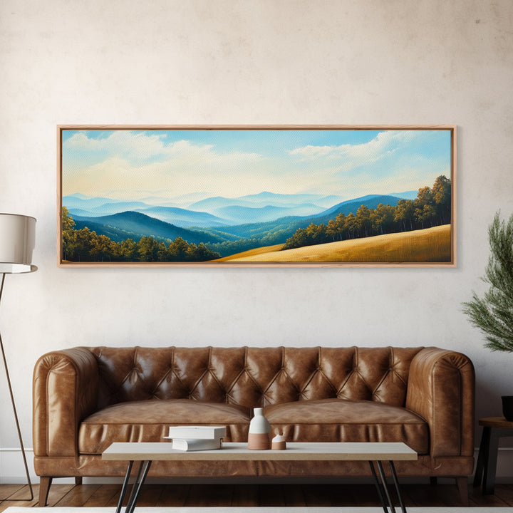 Blueridge Mountains Framed Canvas Print, Blue Ridge Mountains Painting, Panoramic Landscape Painting, Horizontal Wall Decor