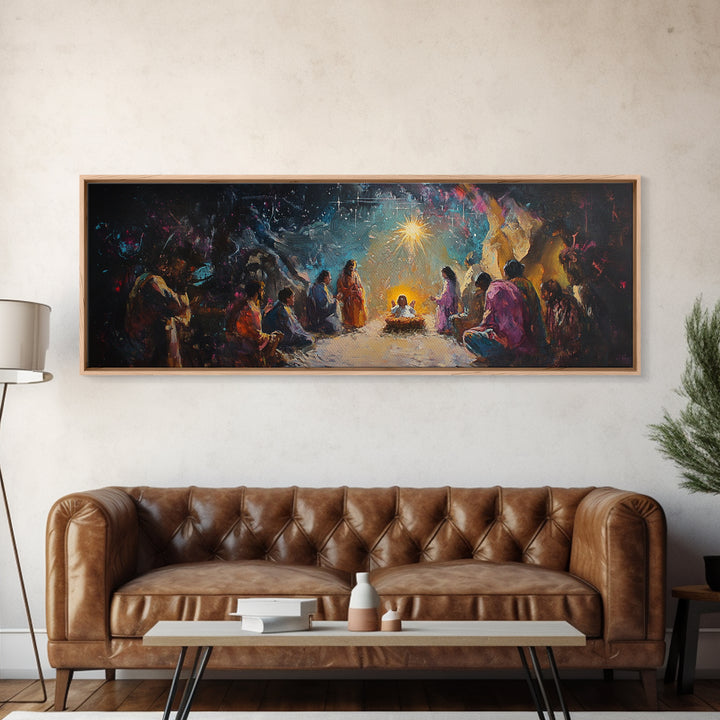 Panoramic Nativity Painting Print, Christmas Decor, Canvas Print, Retro Nativity Scene Oil Painting, Modern Art For Christmas