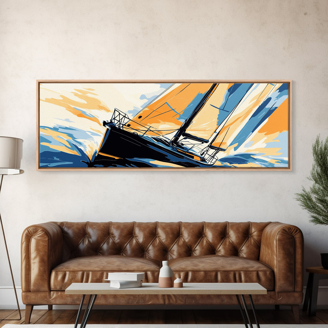Pop Art Sailboat Painting Print - Vibrant Colorful Seascape Art - Nautical Landscape - Panoramic Ultra Wide Wall Art - Sail Boat Art