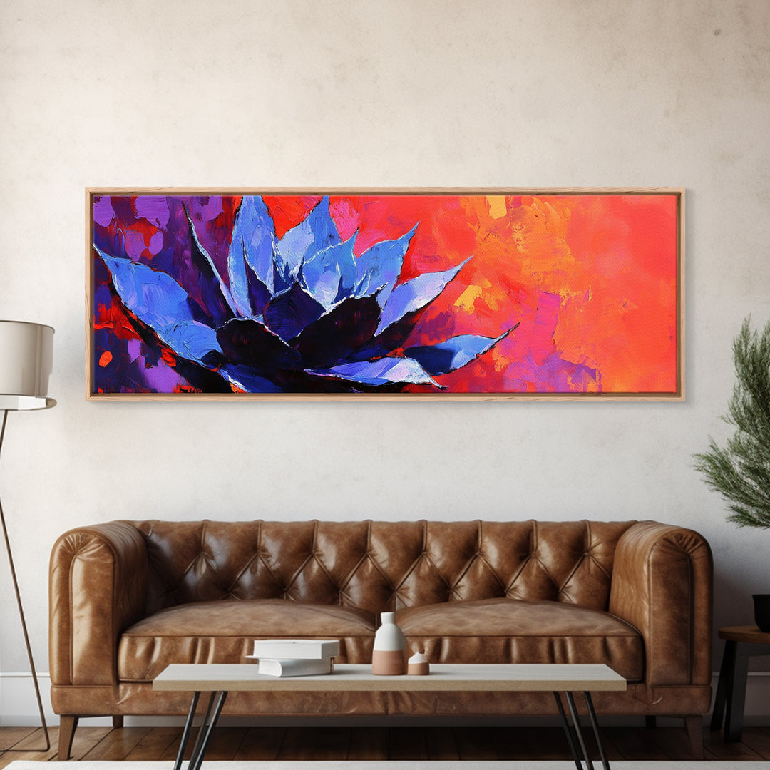 Blue Agave Plant Art Print Canvas Art Mexican Wall Art, Mexican Print, Chicano Art, Panoramic Botanical Wall Art, Colorful Desert Wall Art