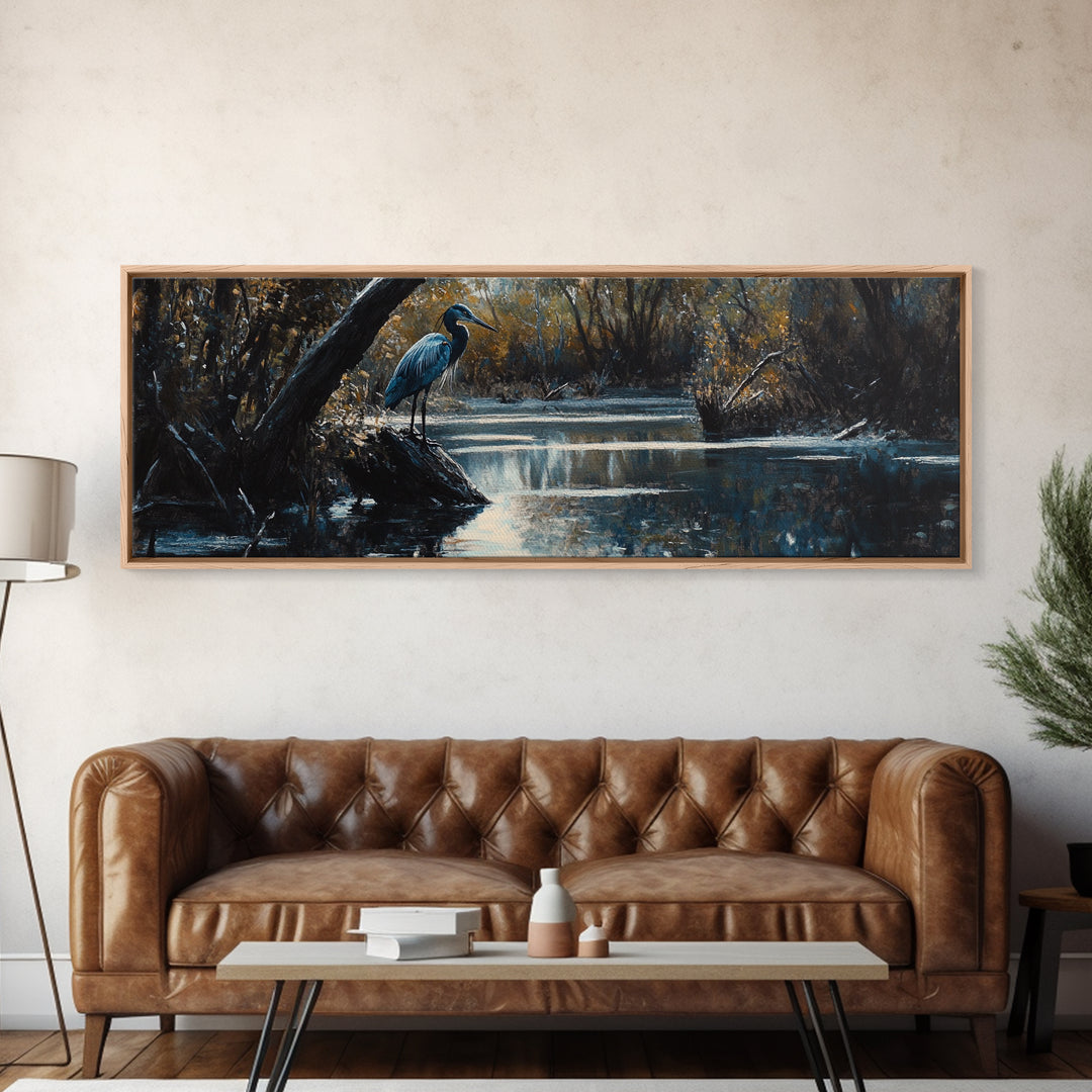 Blue Heron Wall Art, Framed Canvas Print, Nautical Home Decor, Blue Heron Painting, Panoramic Horizontal Wall Art