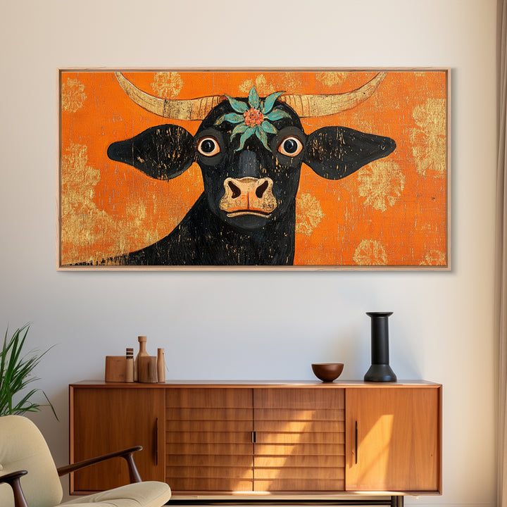 Abstract Wide Eyed Cow, Funny Art, Framed Canvas Print, Chicano Wall Art, Mexican Style Art, Farmhouse Decor, Cow Painting, Cow Print