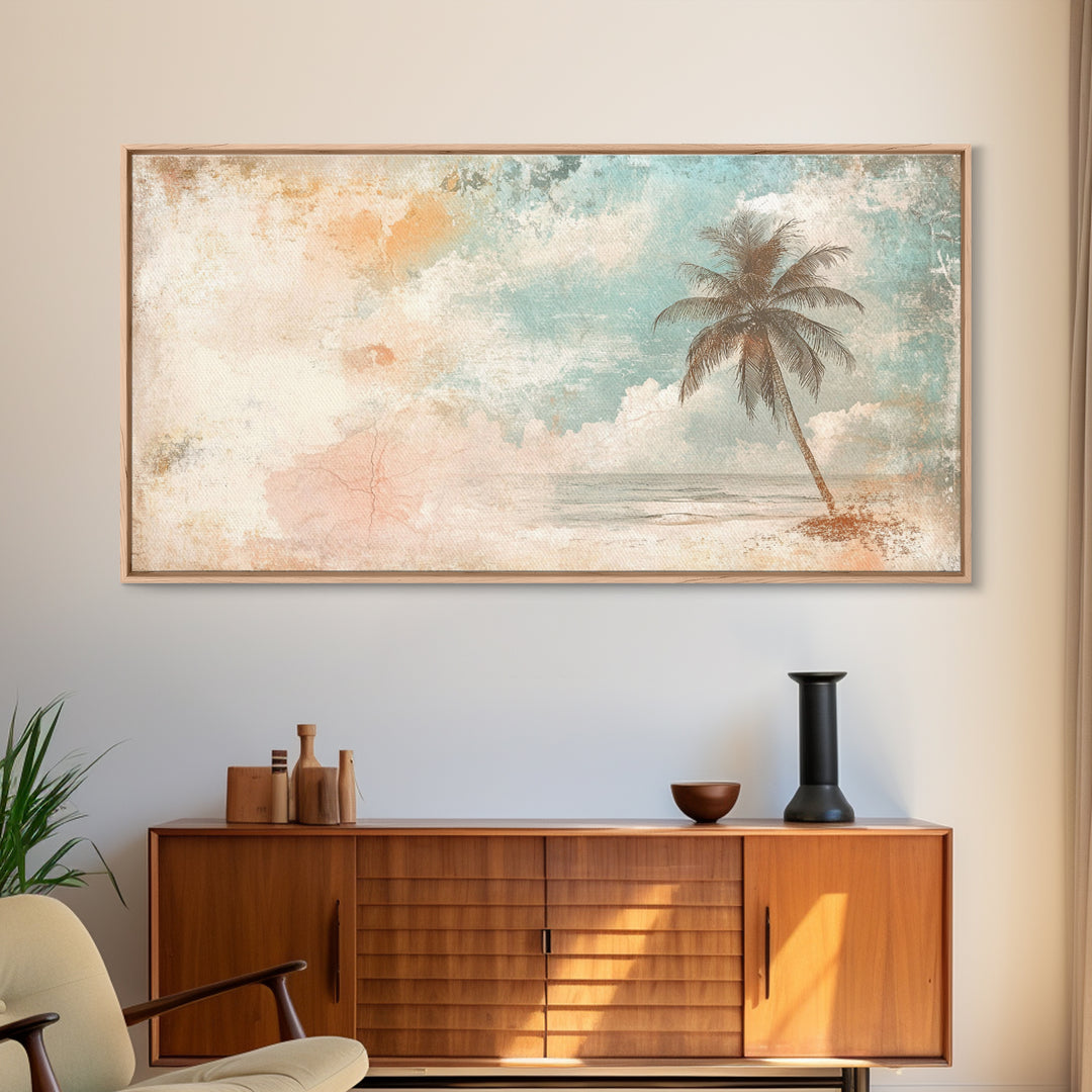 Distressed Painting Print of a Lone Palm Tree on a Beach, Framed Canvas Print, Retro Nautical Landscape Painting, Beach Wall Art, Beach Print