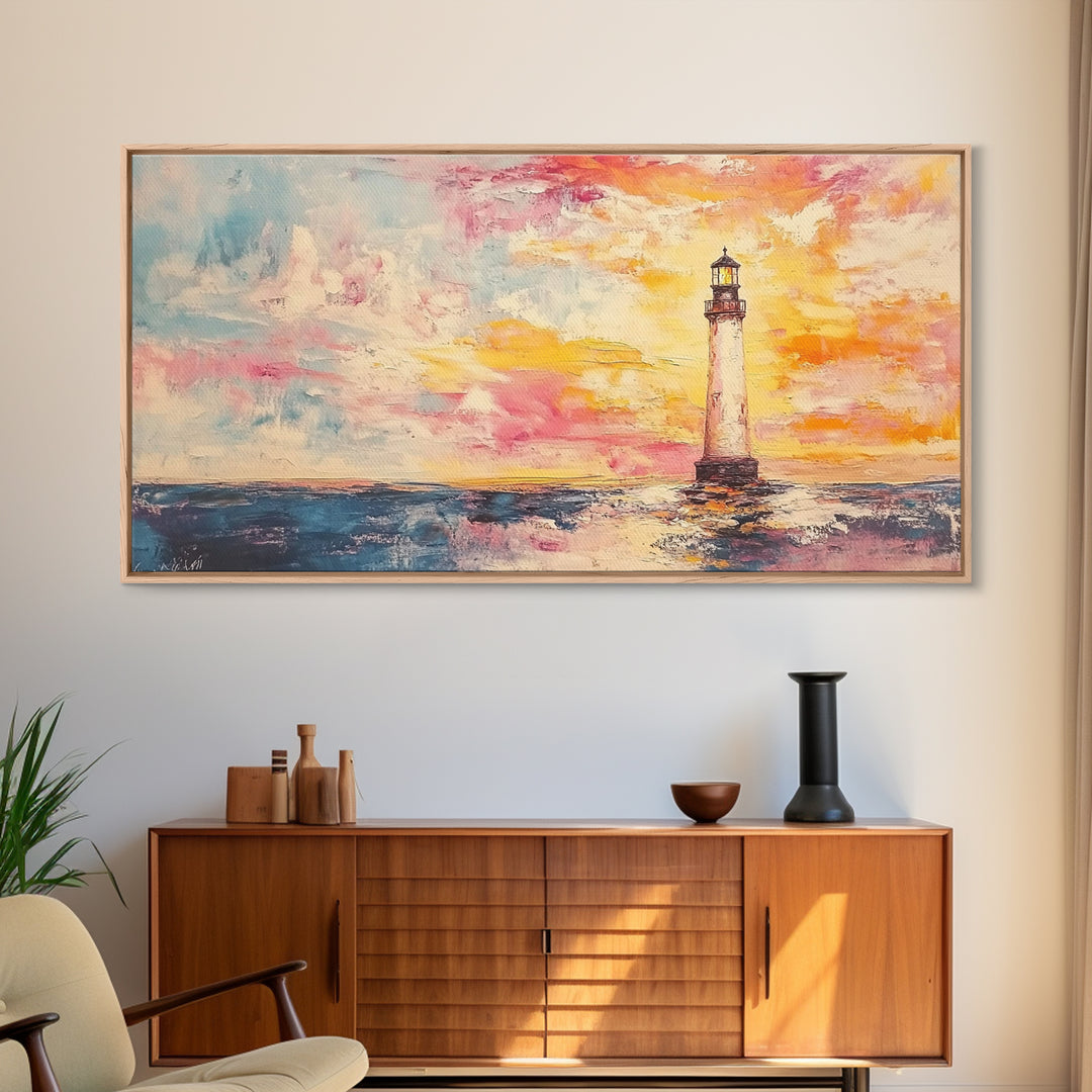 Nautical Seascapes Oil Painting Print, Nautical Landscape Painting, Beach Art, Light House Painting, Sunrise Oil Painting Print