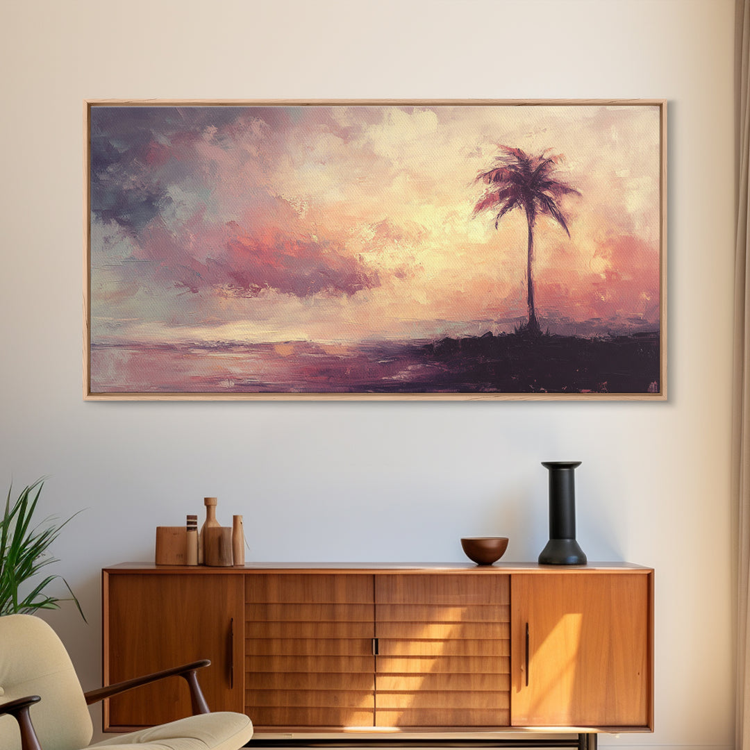 The Beach and the Palm Tree Framed Canvas Print, Nautical Home Decor, Nautical Nursery Art, Moody Beach Painting, Seascape painting