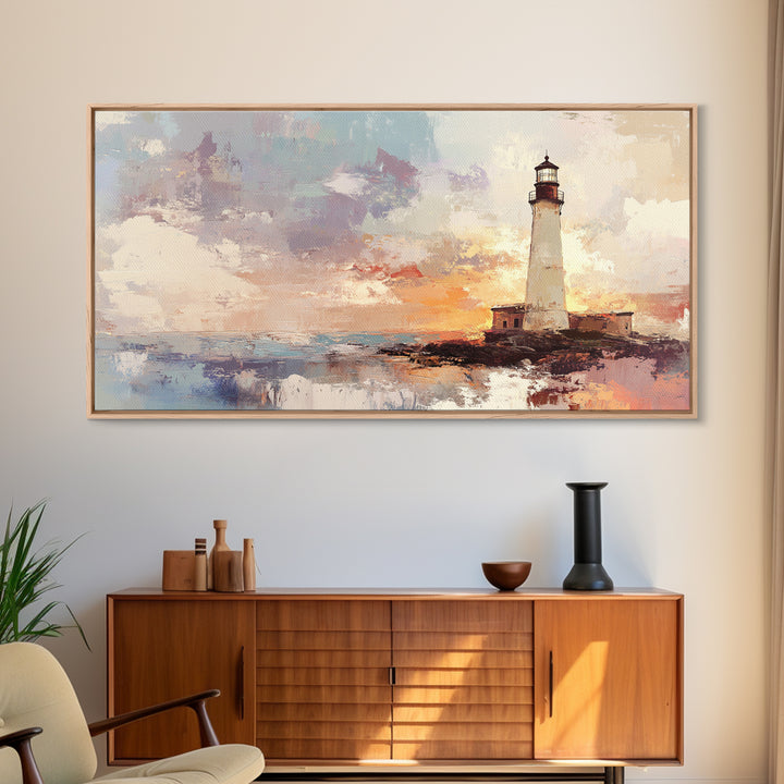 Abstract Oil Painting Print of a Light House, Framed Canvas Print, Nautical Themed Home Decor, Seascapes Painting