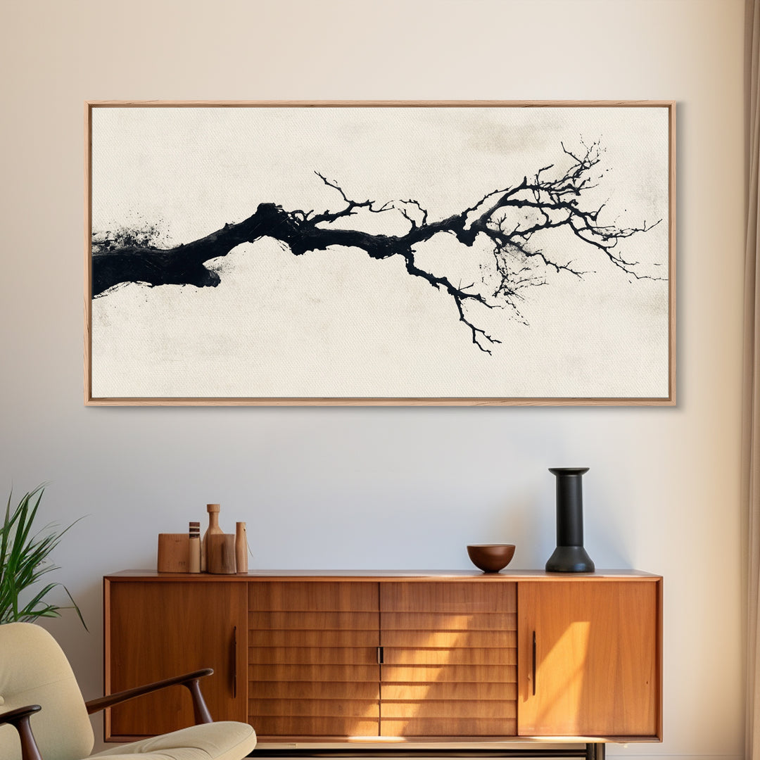 Black and White Wall Art, Framed Canvas Print, Dead Branch Painting on a Black Background, Charcoal Sketch, Charcoal Painting Wall Art