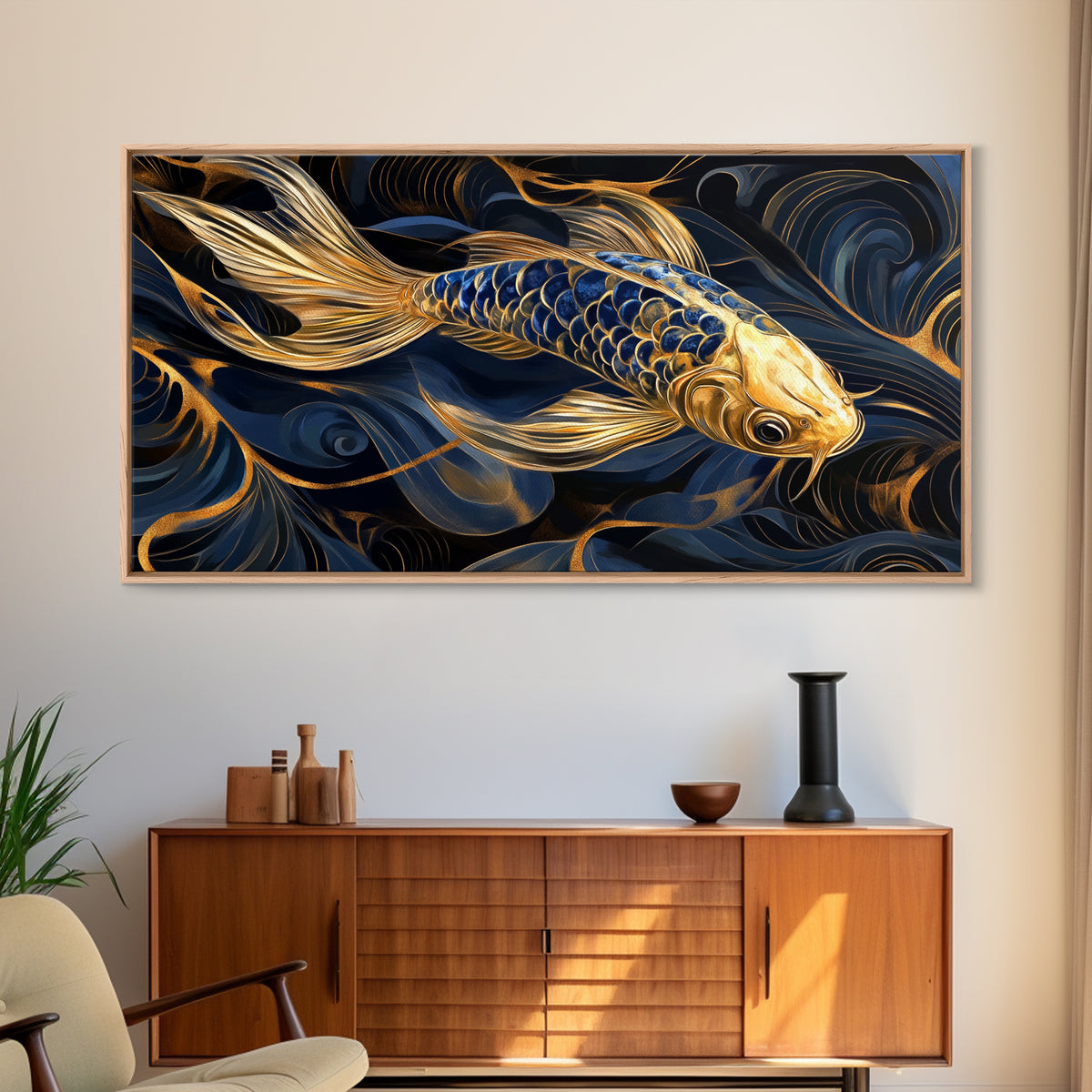 Black and Gold Koi Fish Framed Canvas Print, Wabi Sabi Style Home Decor, Koi Fish Painting Koi Fish Art, Modern Living Room Decor