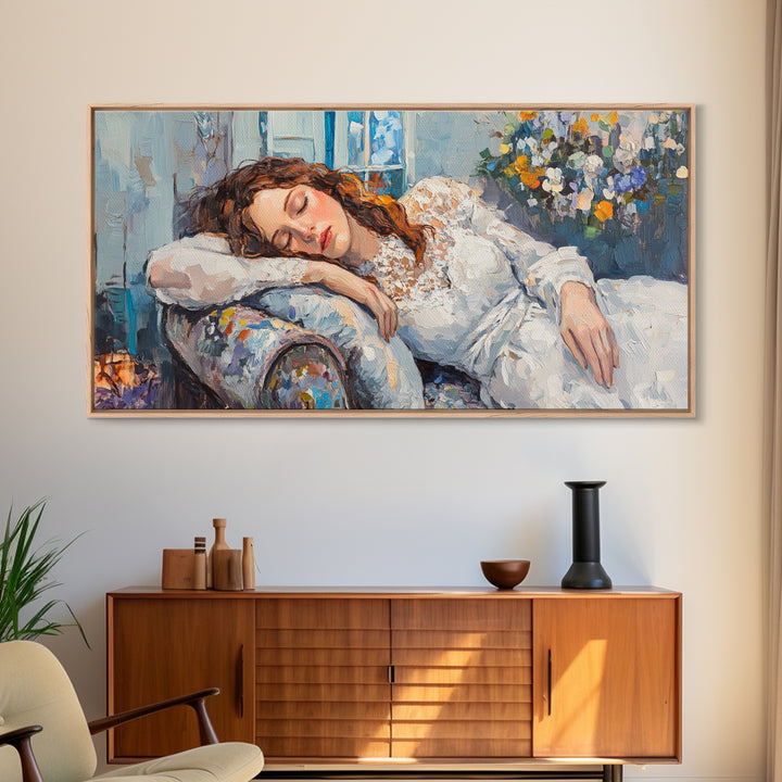 Decadent Young Woman Inspired Wall Art, Framed Canvas Print, Victorian Oil Painting Of a Woman Taking a Nap, Cute Bedroom Decor