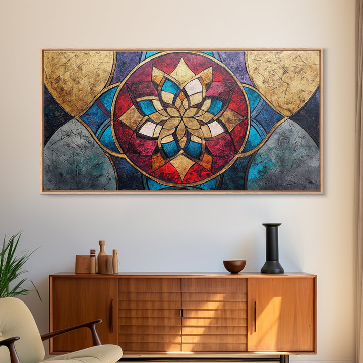 Abstract Textile Pattern Framed Canvas Print, Retro Wall Art, Scenic Decor, Statement Piece, Accent Piece Wall Art, Above Mantle Art