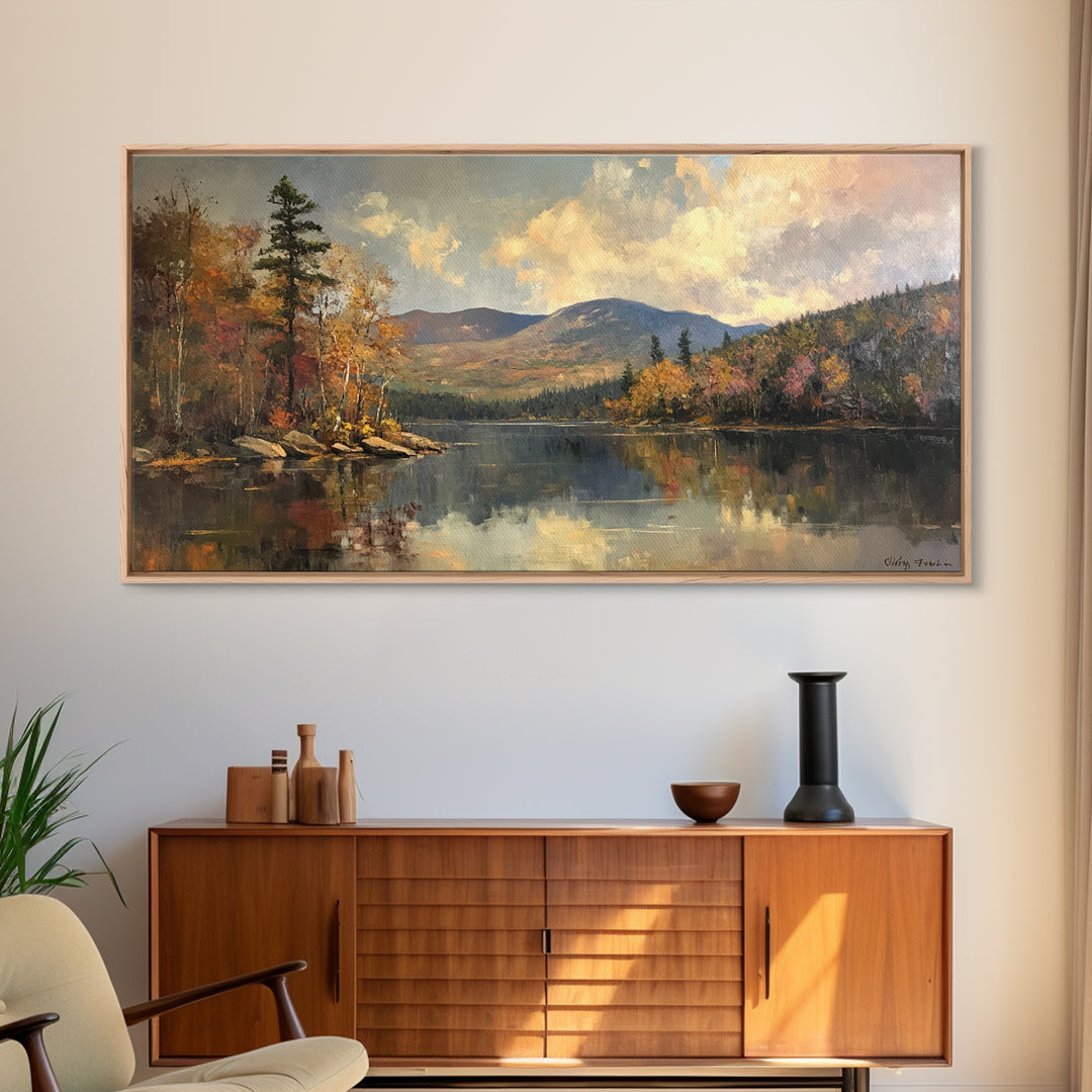 Mountains With Lake French Landscape Panoramic Oil Painting Canvas Print, Canvas with Wood Frame, Modern Living Room Wall Art