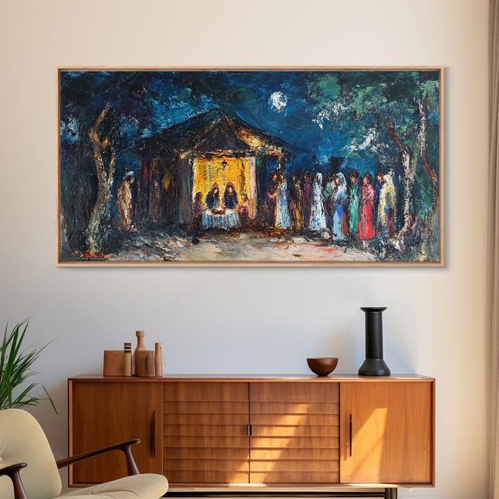 Abstract Oil Painting Print of The Nativity - Framed Canvas Print - Christian Christmas Wall Art - Wood Framed Art - Above Mantle Art