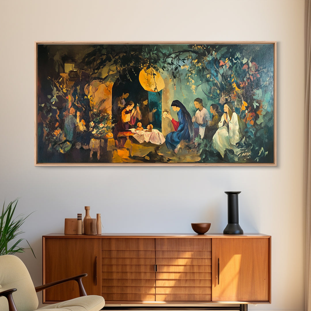 Christian Nativity Jesus In The Manger Ready To Hang Canvas Wall Art - Farmhouse Christmas Decor - Christian Wall Art - Christian Painting