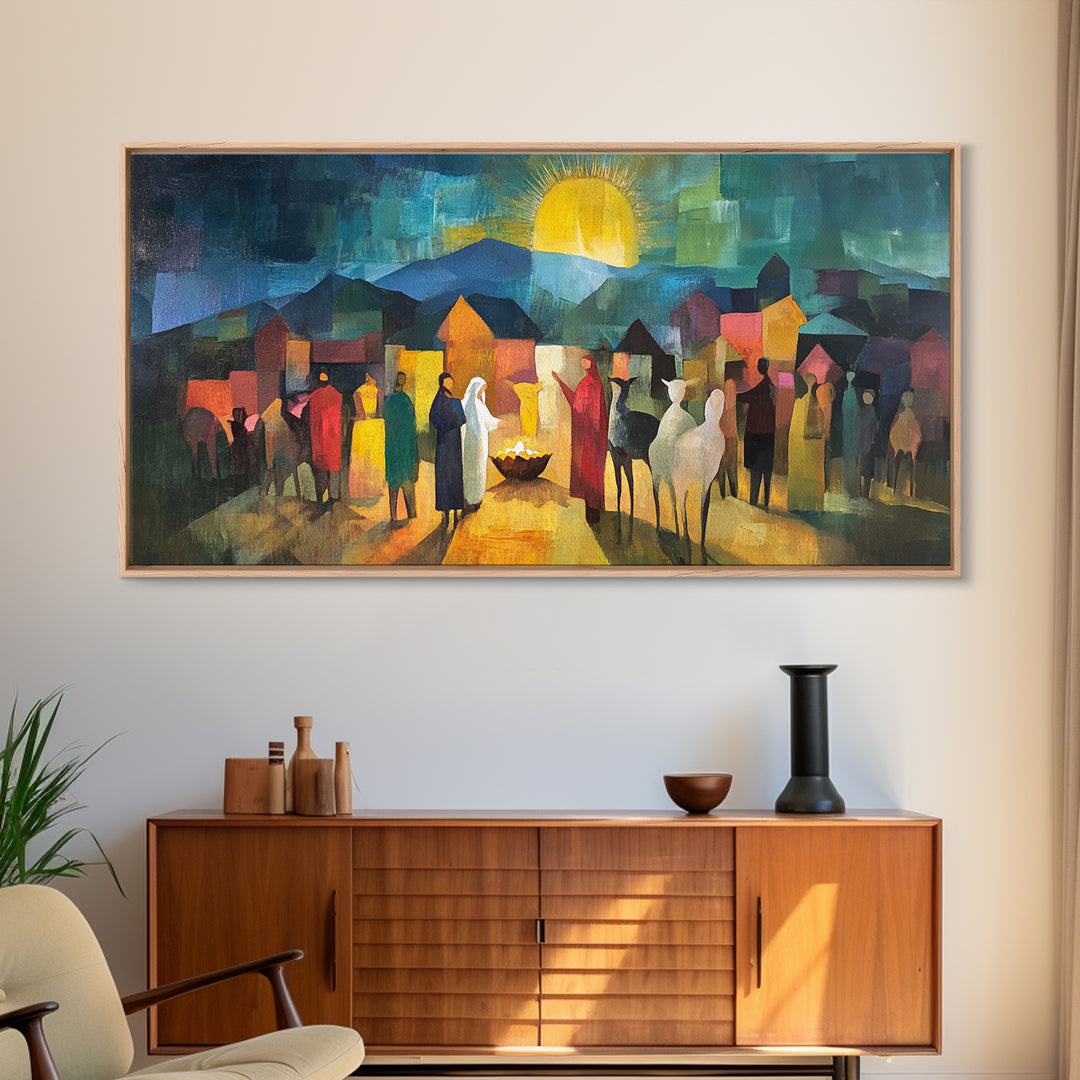 Christmas Nativity Scene Art Print - Framed WalL Art Canvas Print - Mary, Joseph and Baby Jesus in Bethlehem Abstract Oil Painting Print