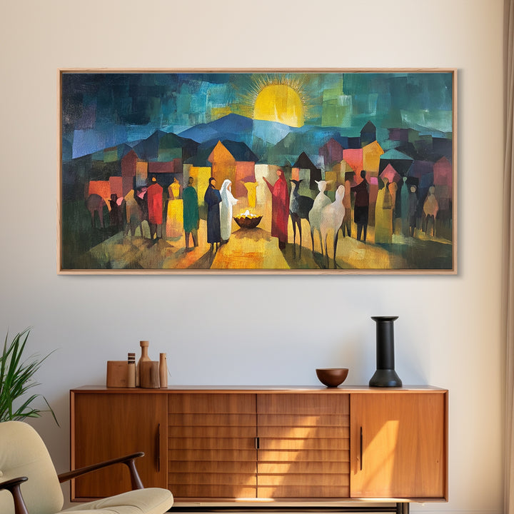 Christmas Nativity Scene Art Print - Framed WalL Art Canvas Print - Mary, Joseph and Baby Jesus in Bethlehem Abstract Oil Painting Print