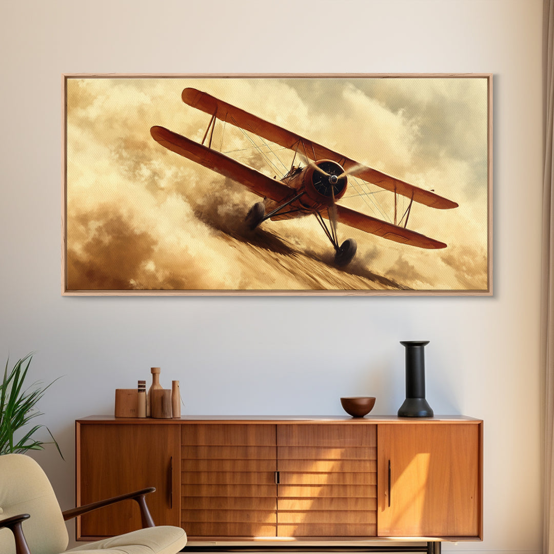 Biplane Taking Off In a Sandstorm, 1920s Airplane Painting, Retro Airplane Wall Art, Gift For Him, Office or Man Cave Wall Art