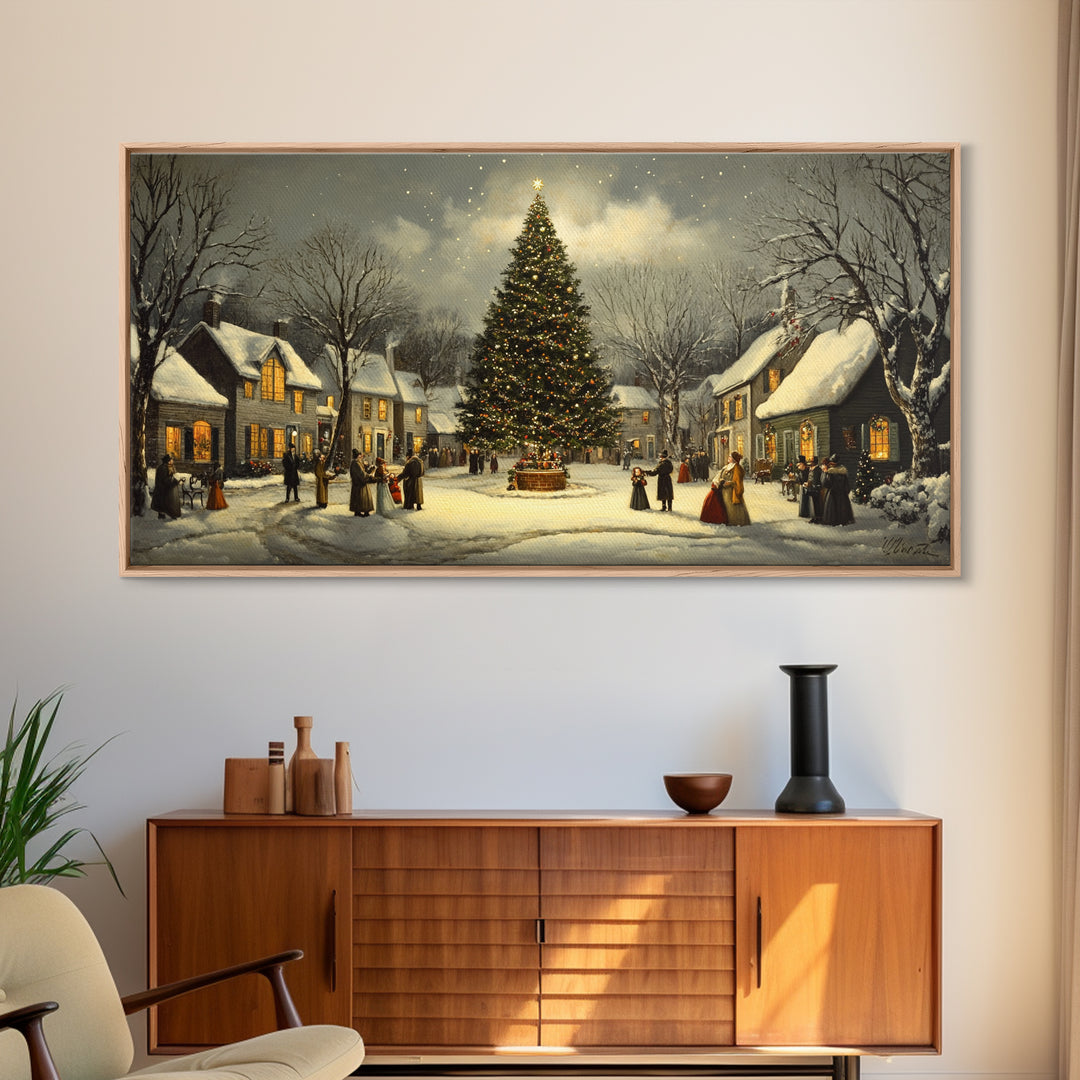 Christmas Village Framed Canvas Print Winter Decor, Canvas Wall Art, Victorian Christmas Oil Painting, Christmas Village Art