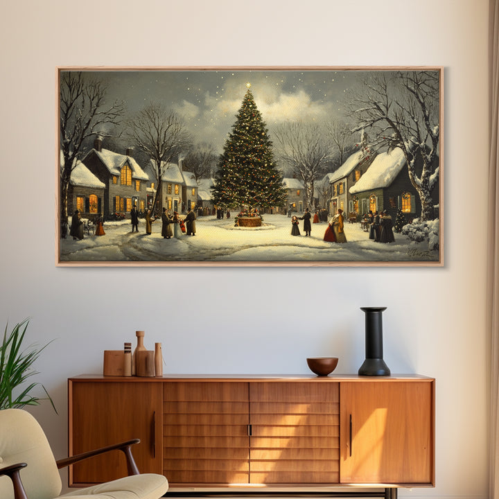 Christmas Village Framed Canvas Print Winter Decor, Canvas Wall Art, Victorian Christmas Oil Painting, Christmas Village Art