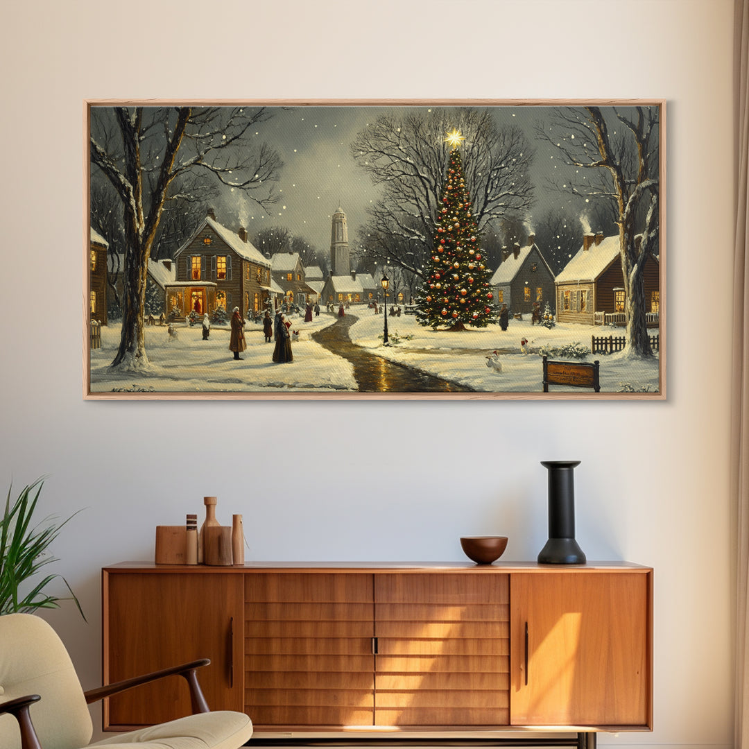 Christmas Sceneary Wall Art Framed Canvas Print, Winter Wall Art, Christmas Village Painting, Victorian Christmas Oil Painting, Horizontal Art