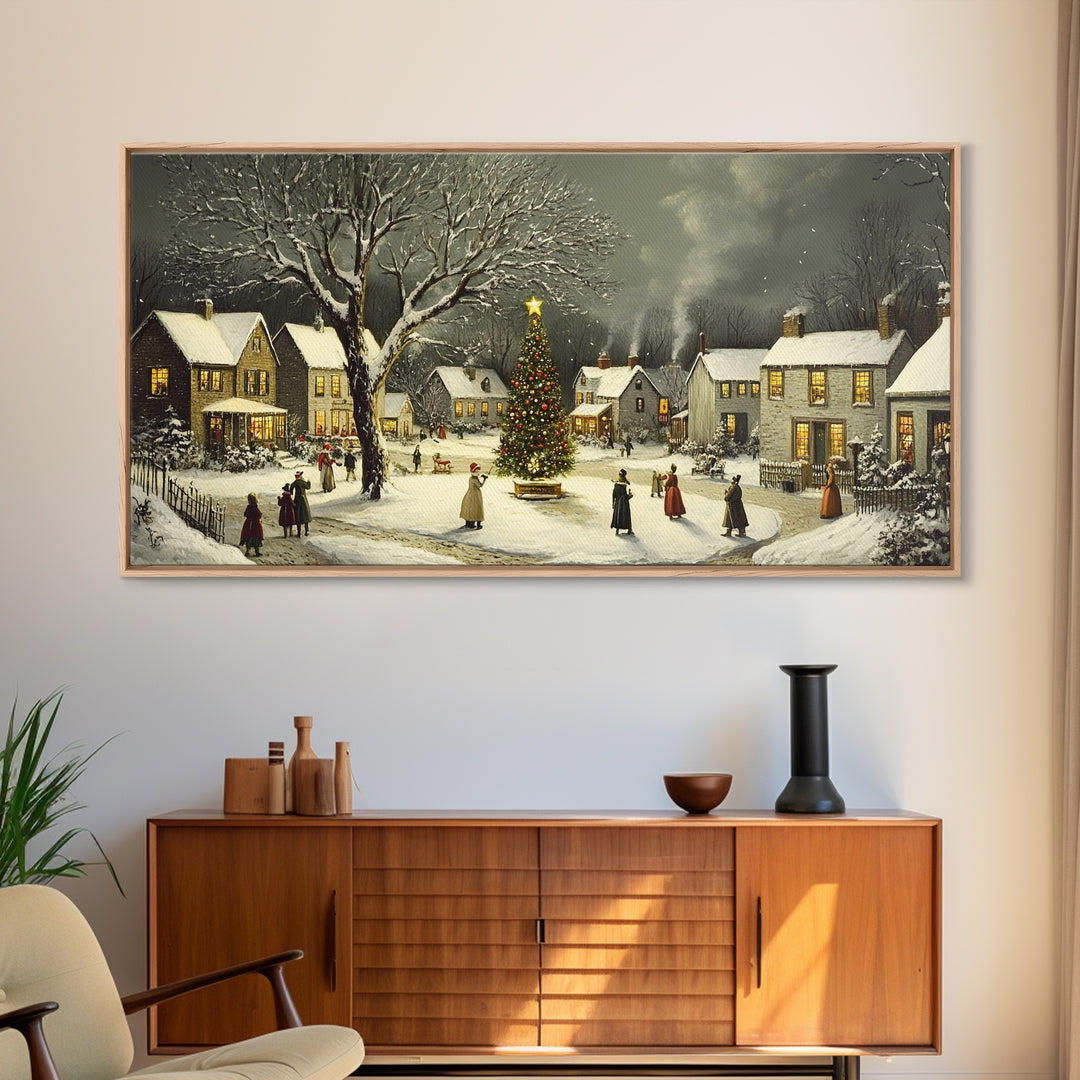 Bustling Christmas Street Scene Oil Painting Canvas Print, Snowy Holiday Night, Festive Victorian Christmas Village Oil Painting, Christmas Decor