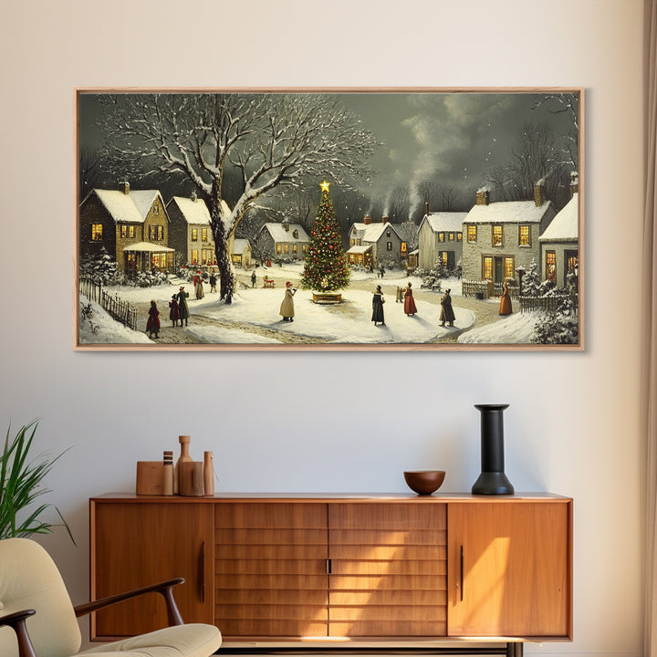 Bustling Christmas Street Scene Oil Painting Canvas Print, Snowy Holiday Night, Festive Victorian Christmas Village Oil Painting, Christmas Decor