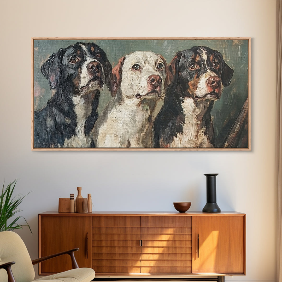 Cute Hunting Dogs Framed Canvas Print, Hunting Dogs Oil Painting, Modern Farmhouse, Traditional Home Decor, Rustic Wall Art, Dog Lover Gift