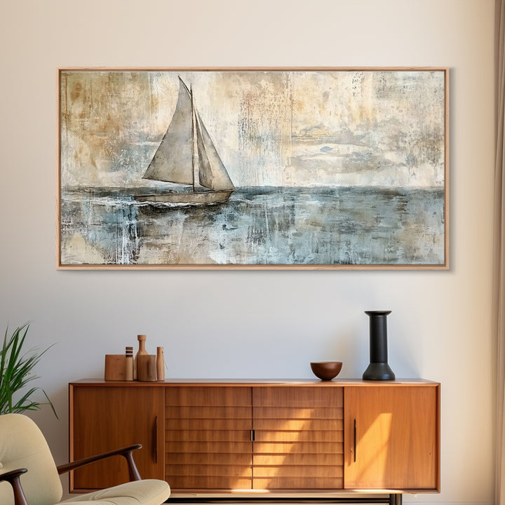 Coastal Sailboat Painting Print, Ready To Hang Art, Framed Canvas, Coastal Art Print For Beach House Decor, Wabi Sabi Sailboat, Inspired Ocean
