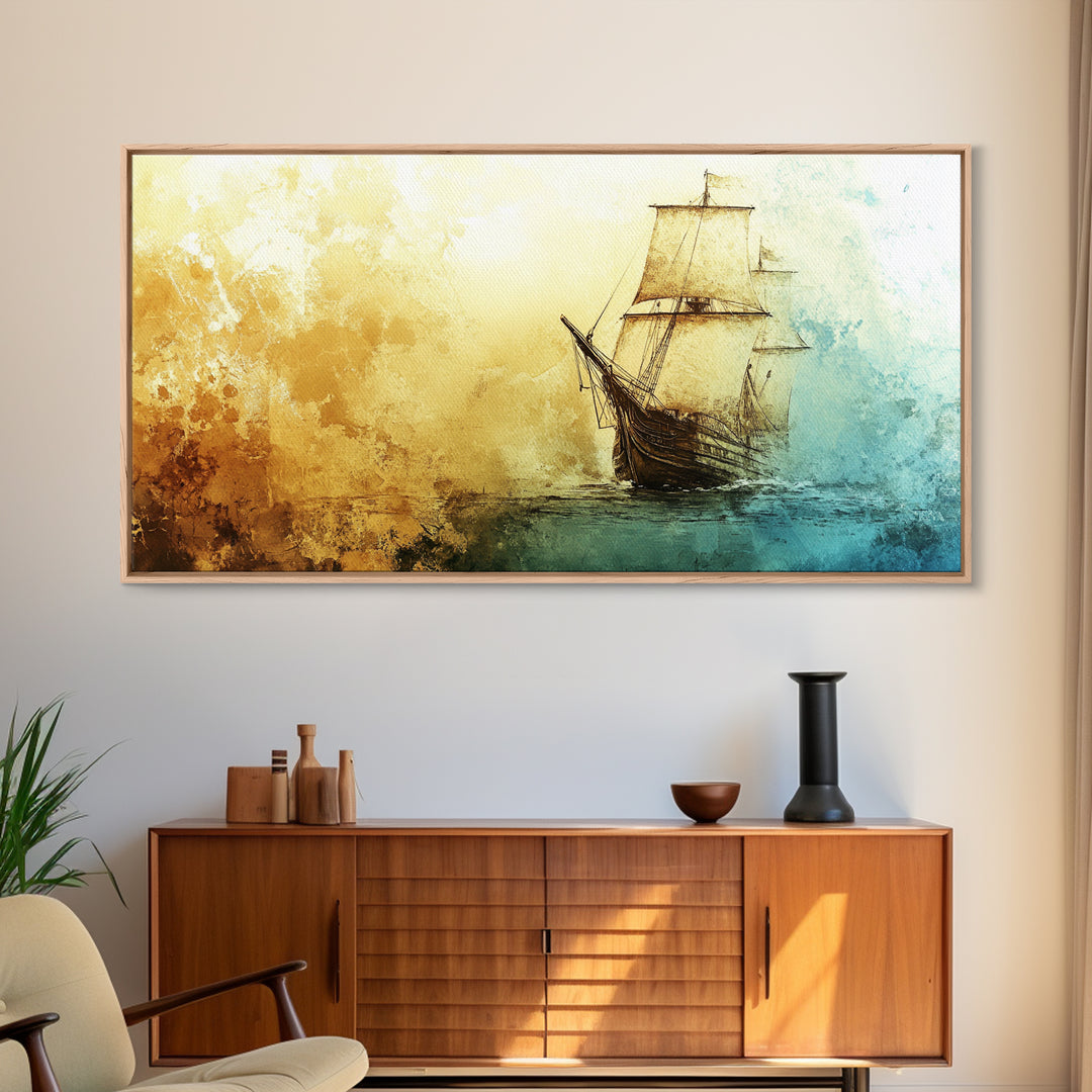 Abstract Pirate Ship Nautical Decor Framed Canvas Print - Nautical Wall Decor - Sailboat Painting - Neutral Wall Decor - Coastal Wall Art