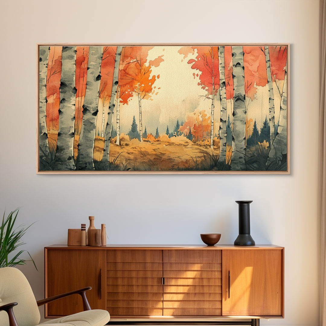 Birch Tree Landscape Painting Print, Accent Piece, Accent Wall Art, Autumn Landscape Canvas Print, Birch Forest Art, Watercolor Birches
