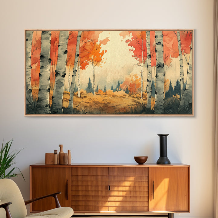 Birch Tree Landscape Painting Print, Accent Piece, Accent Wall Art, Autumn Landscape Canvas Print, Birch Forest Art, Watercolor Birches