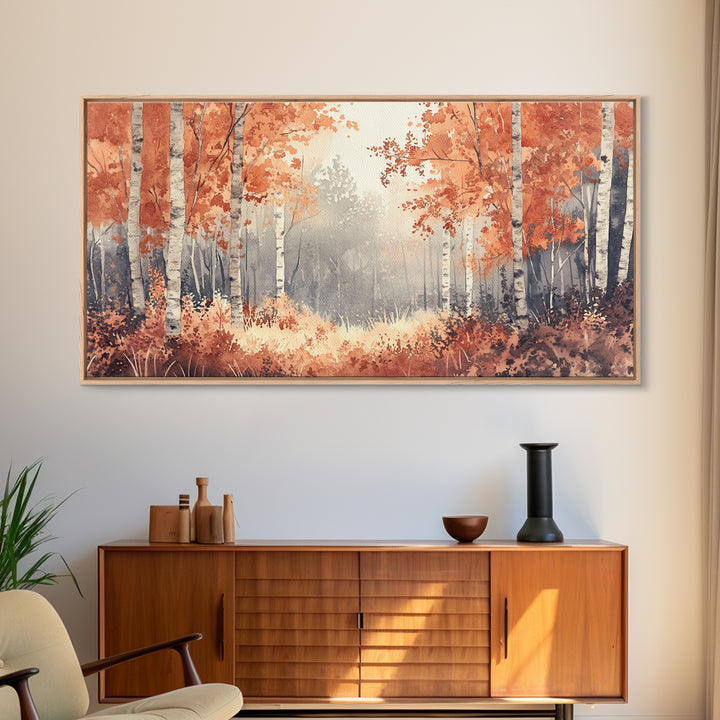 Aspen Landscape, Autumn Forest Print, Birch Tree Painting Framed Canvas Print, Ready To Hang Wall Art, Modern Abstract Nature Wall Art