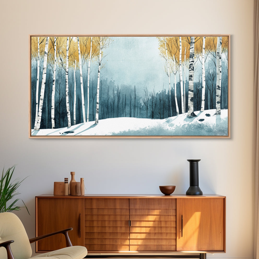 Birch Tree Forest in Winter Framed Canvas Print Ready To Hang Wall Decor, Winter Art, Winter Decor, Birch Painting, Aspen Trees Forest Art