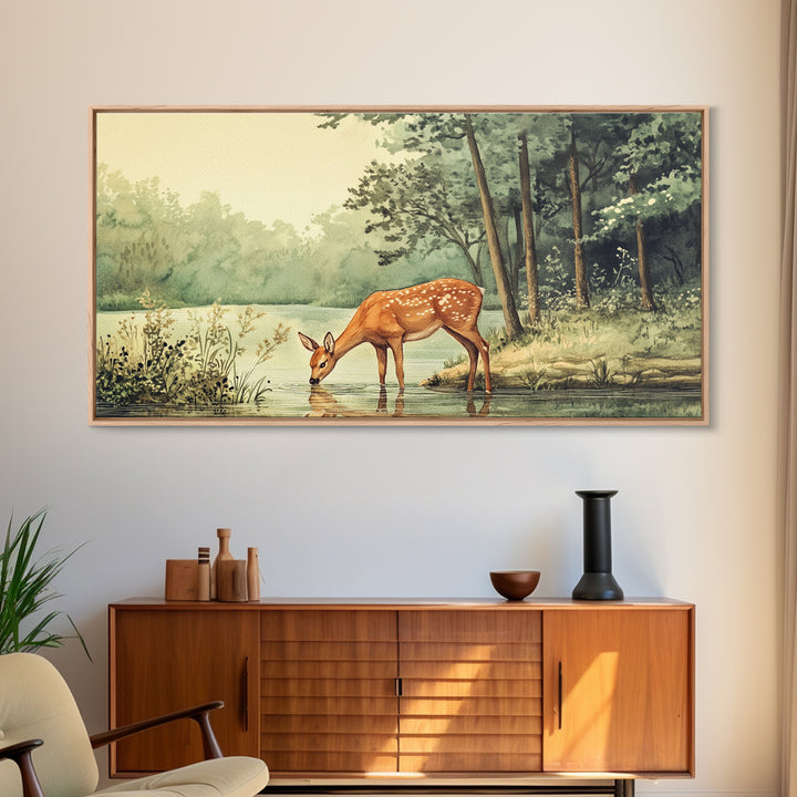 Deer Drinking Water in Forest Painting Print, Deer Painting, Cabin Decor, Cabin Wall Art, Framed Canvas Print, Nature Lover Gift, Nature Art